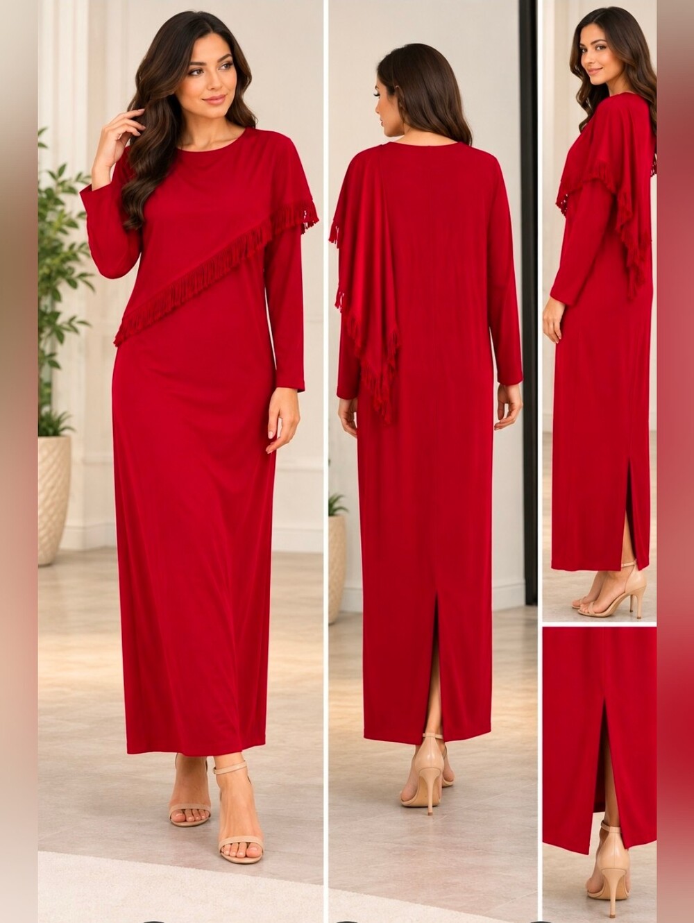 Jemmie for Nina Leonard Red Fringe Maxi Dress – Size M